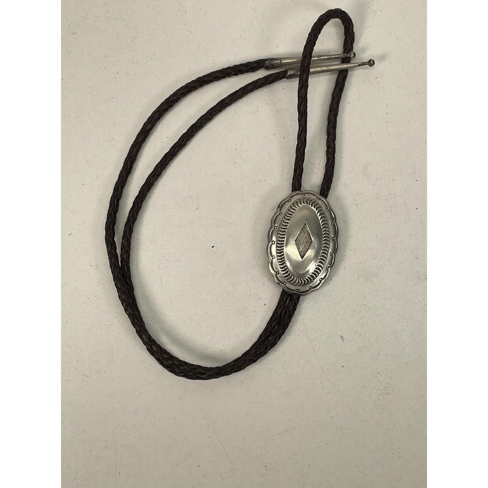 Southwestern Oval Bolo Tie Silver Tone Brown Leather Adjustable 19.5in Men